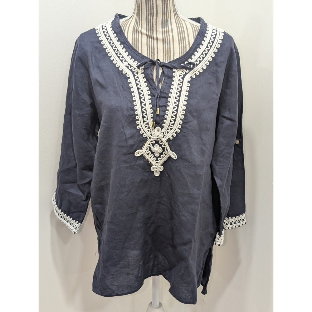 NWT 100% Linen Navy Blue Embroidered Tunic Size XL Boho Cottagecore